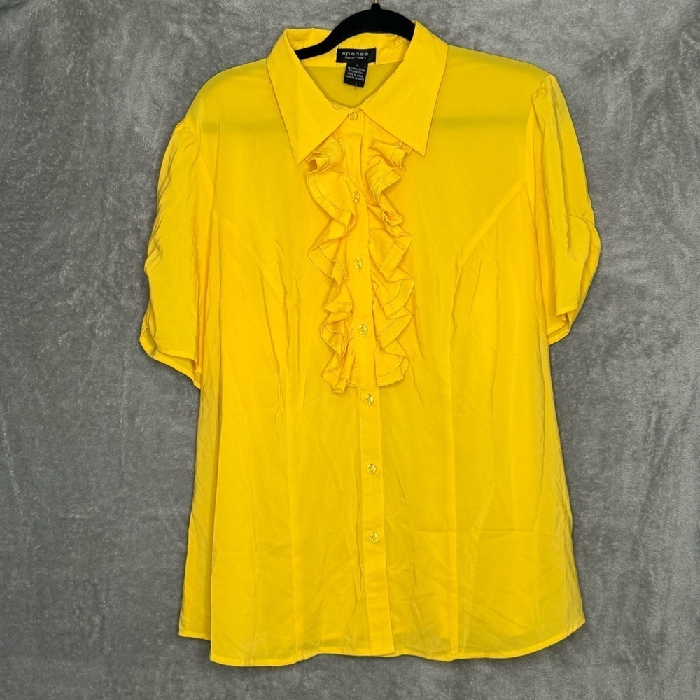 Spense 1X Shirt Top Yellow Solid Ruched Short Sleeve Collared Button Up Ruffle